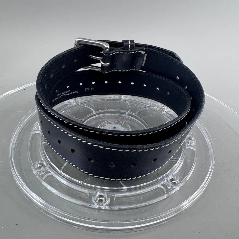 Genuine Italian Leather Belt Black Contrast Stitch Silver Buckle S/M USA Made
